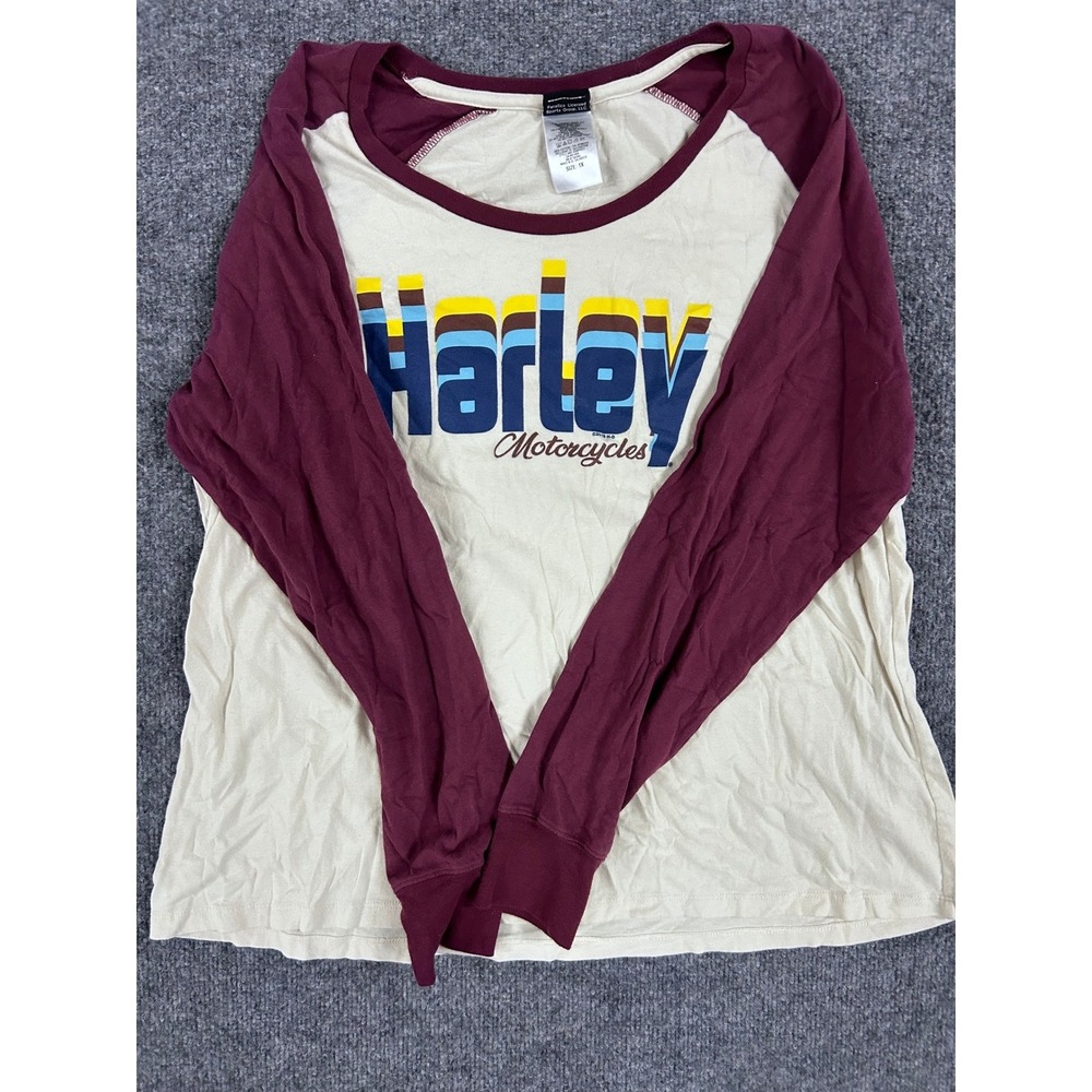 Harley-Davidson Shirt Womens Size 1X Cream Burgundy Raglan Long Sleeve Biker Tee